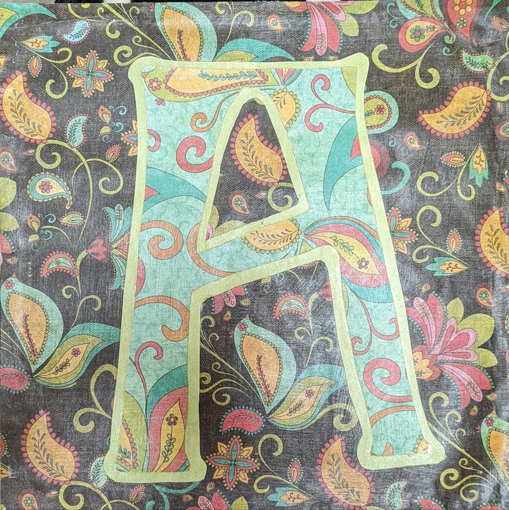 Artisan handcrafted letter A flower original art collage in frame 12" x 12"